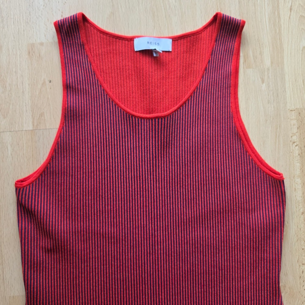Reiss Charlie Ribbed Knit Midi Tank Dress Womens 10 Red Striped Slit - Picture 3 of 8